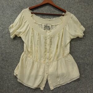 Silk Peasant Blouse Womens MEDIUM Cream White Peplum Lace Trim Boho Cottage BIZZ